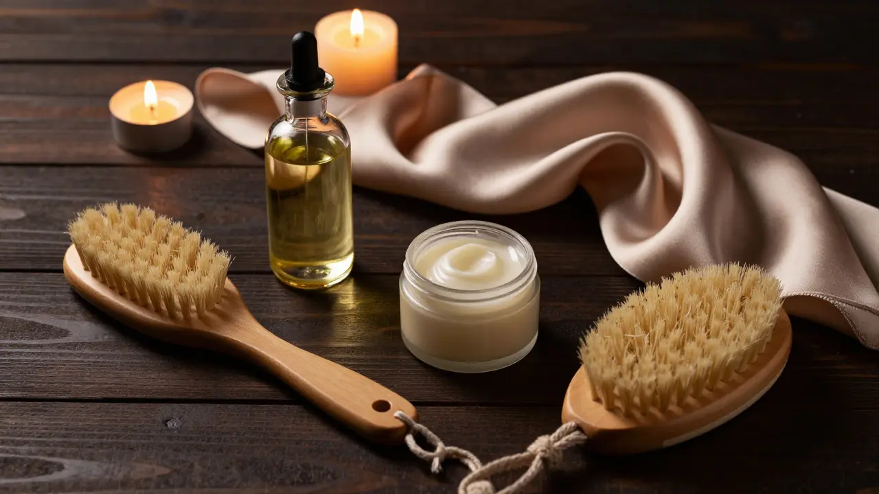 Massage oils, brush, and silk on wooden table