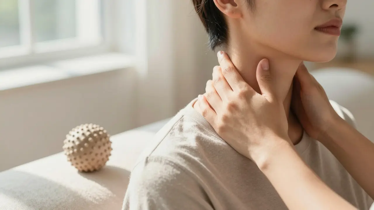 Person applying self-massage pressure to neck trigger point for headache relief.