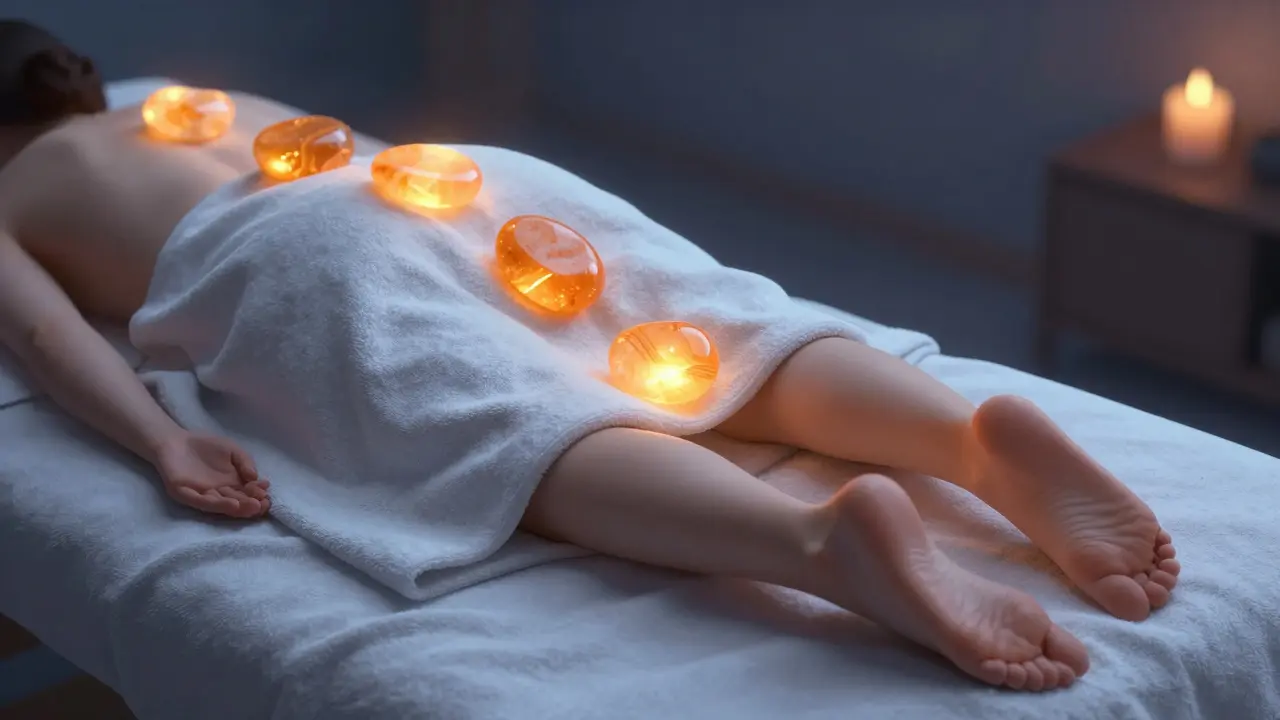 Person relaxing on massage table with hot stones on back