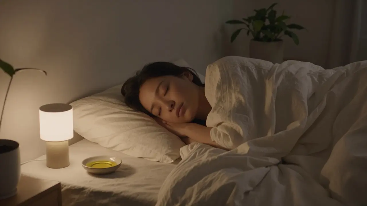 Person sleeping peacefully in a calm, softly lit bedroom