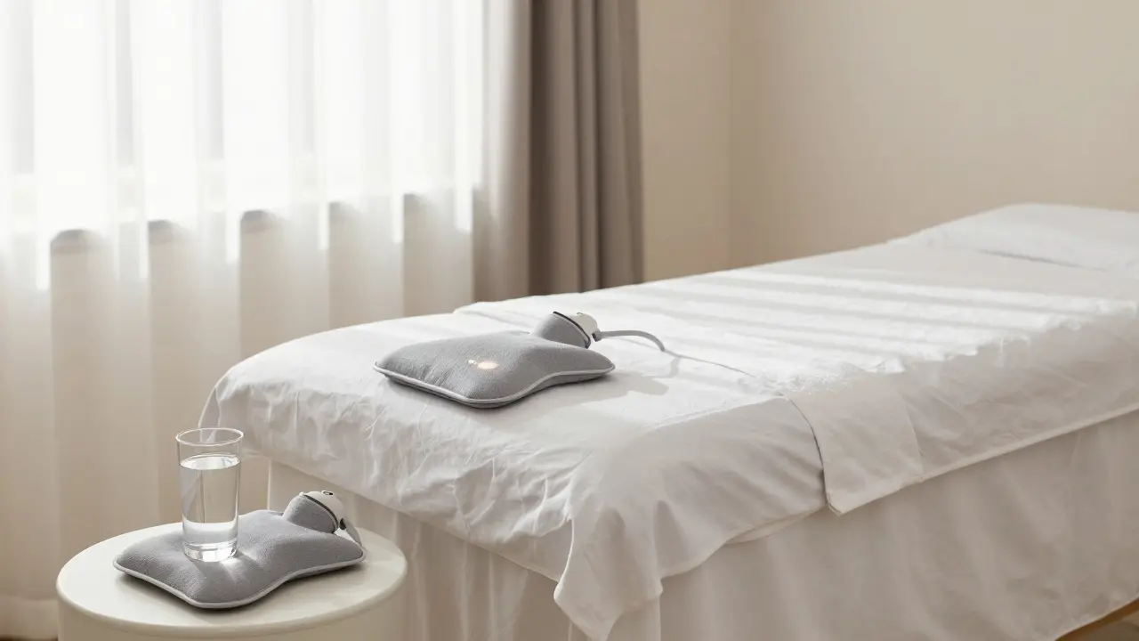Serene massage room with water and heating pad