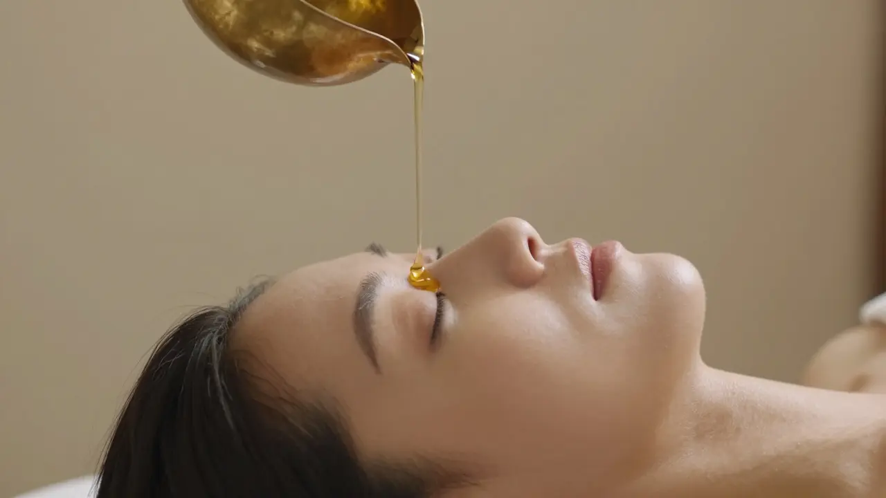 Stream of warm oil poured on forehead during Shirodhara