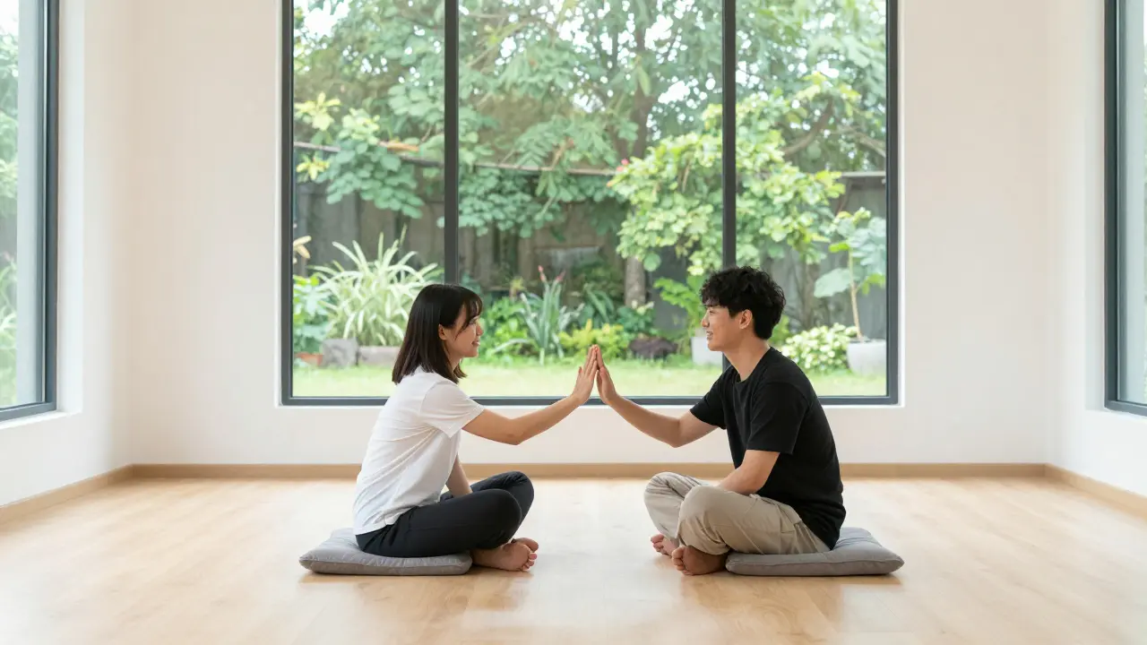 Two people sharing a gentle touch session in a bright, peaceful room
