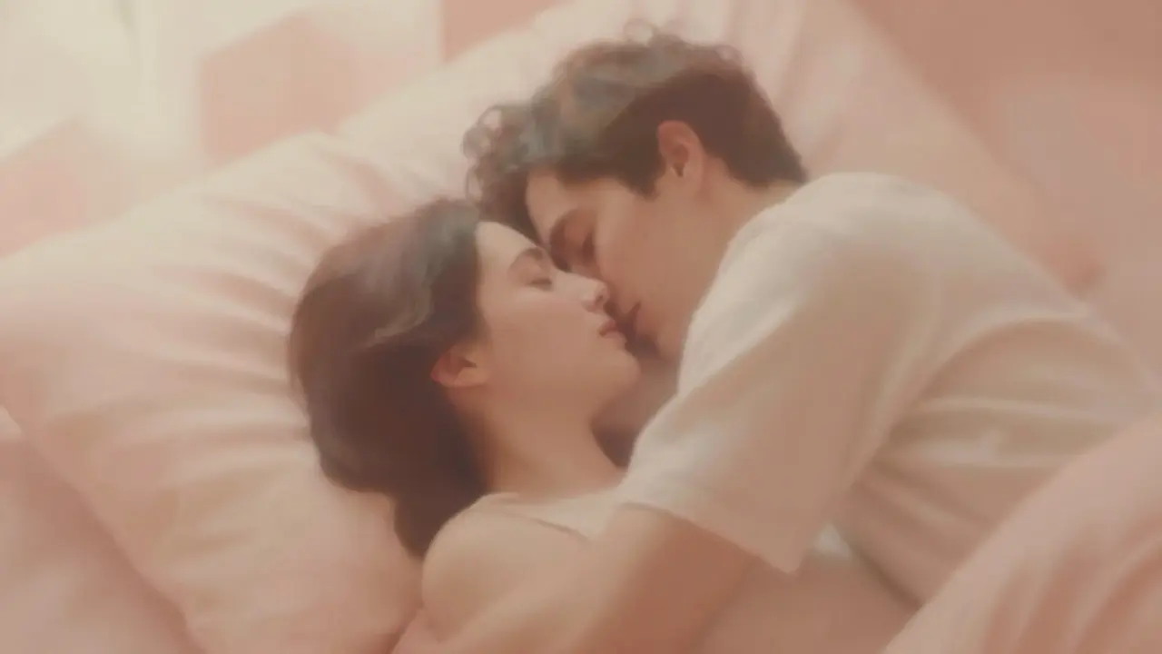 Two silhouettes embracing closely in a warm, intimate, dreamy setting