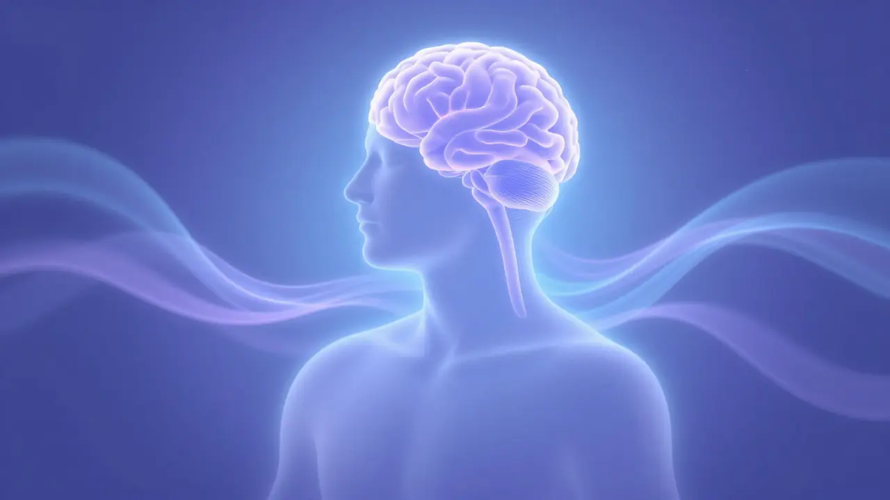 Abstract art of a relaxed figure surrounded by calming blue light waves