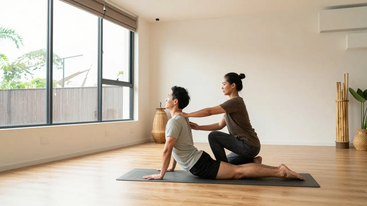 Athlete doing assisted stretch with therapist in studio
