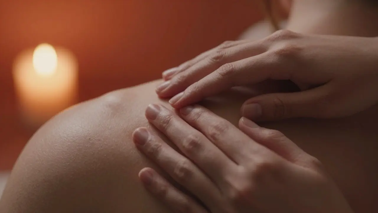 Close up of hands gently massaging a shoulder in warm candlelight