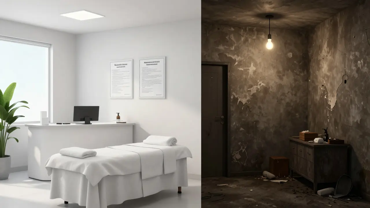 Comparison of a clean legal spa versus a dark illegal parlor environment