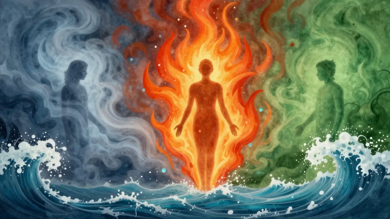 Conceptual art depicting the three Ayurvedic doshas: Vata, Pitta, and Kapha elements.