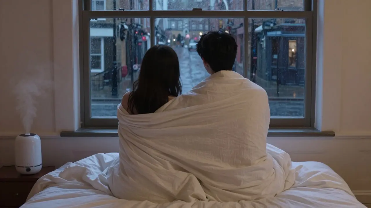 Couple sitting closely on a bed in a warm room overlooking a city