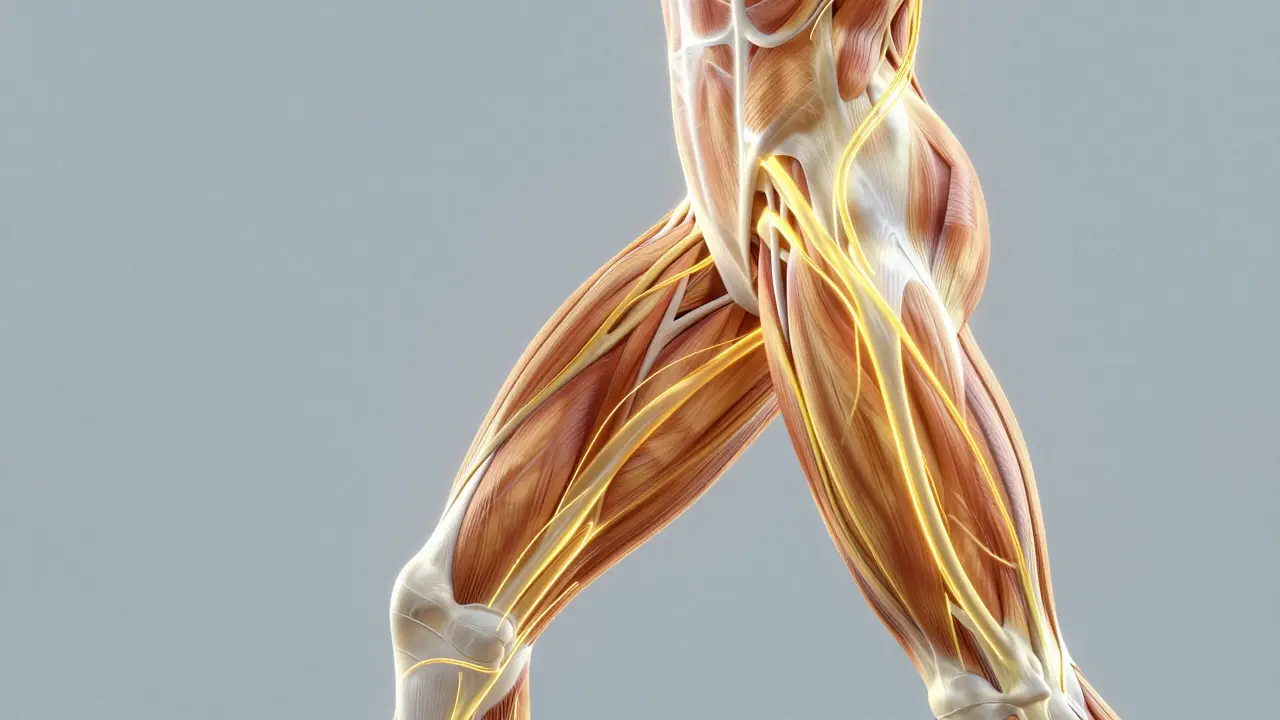 Glowing energy lines illustrating fascial release in legs