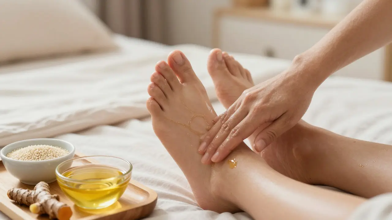 Hands applying warm oil to feet at home for self-care and grounding relaxation.