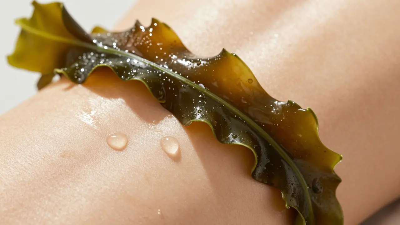 Healthy glowing skin with seaweed and water drops symbolizing hydration