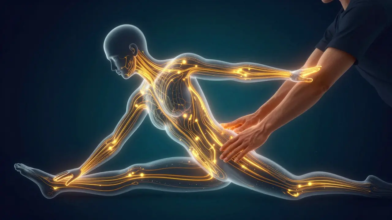 Illustration of glowing Sen energy lines flowing through a stretching body