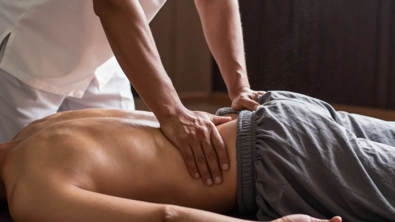 Therapist using knee pressure to stretch a client's back during Thai massage