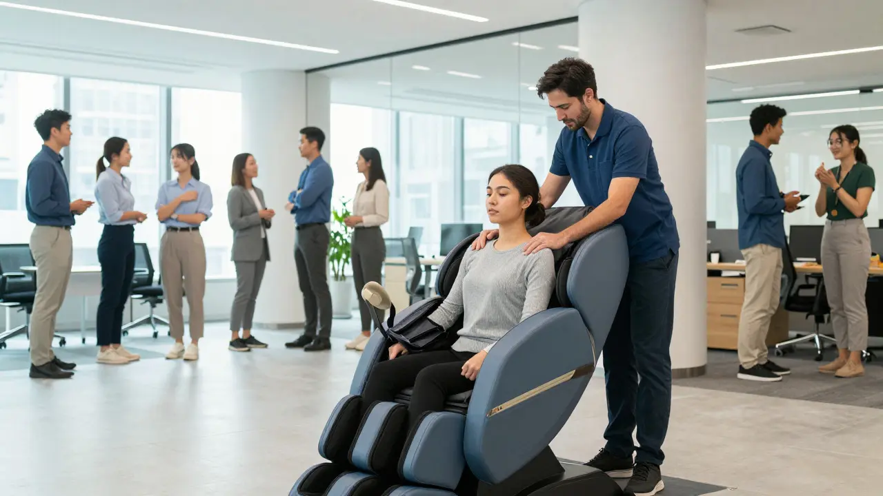 Workplace wellness scene with therapist and employee