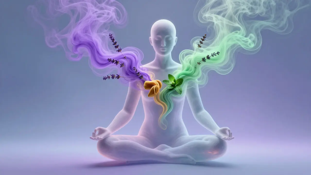 Abstract art showing colored scent vapors flowing into a meditating figure