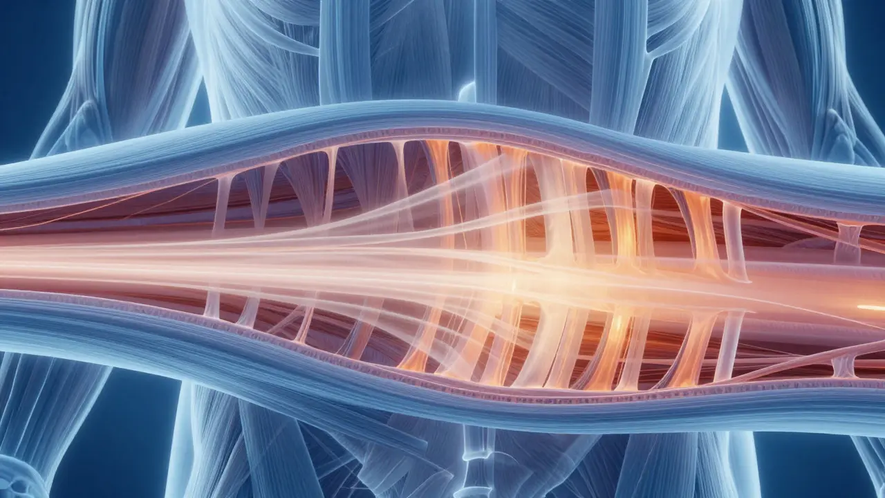 Abstract illustration of fascia layers and muscle tissue with light penetrating deep structures