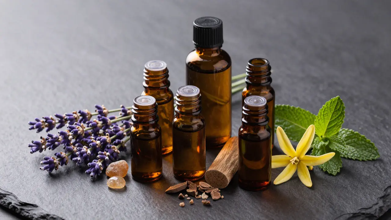 Amber essential oil bottles with lavender, frankincense, and sandalwood ingredients