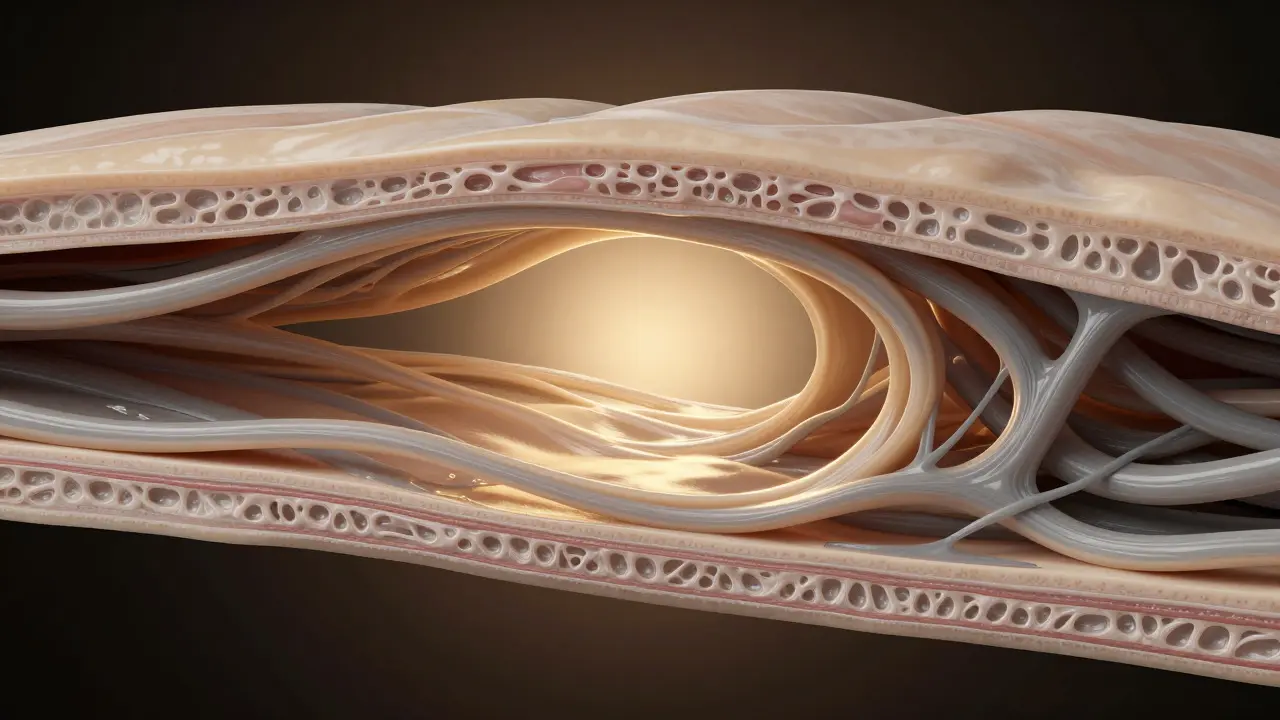 Artistic cross-section showing healthy versus restricted fascial tissue structures