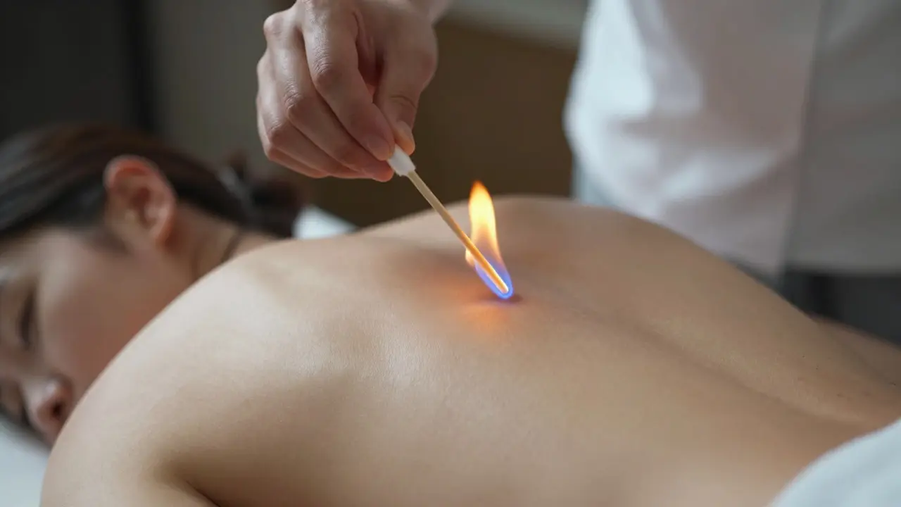 Close-up of a controlled flame being applied to a client's back during massage