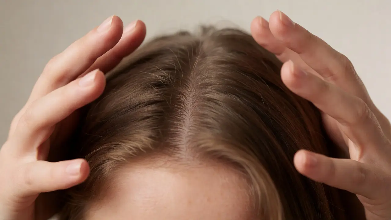 Close-up of hands performing a scalp scrub by gripping hair and moving scalp against skull.