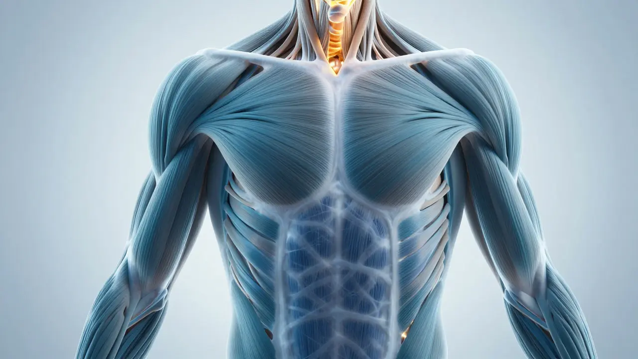 Conceptual illustration of the myofascial network with highlighted tension points