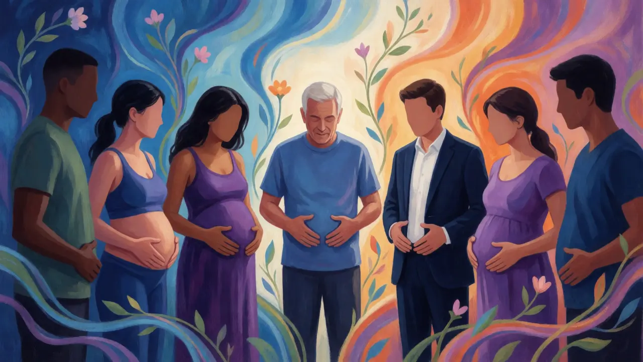 Diverse group practicing self-care abdominal massage surrounded by organic nature motifs.