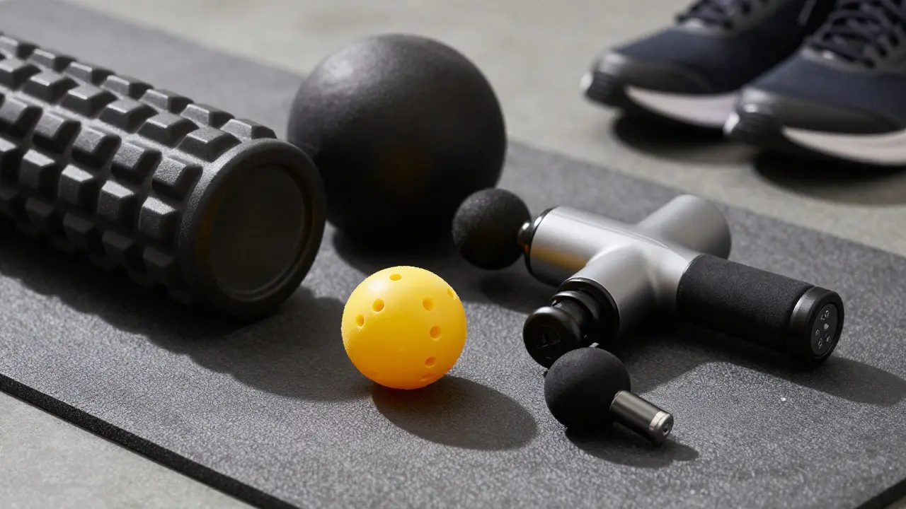 Foam roller, lacrosse ball, and massage gun on a gym mat