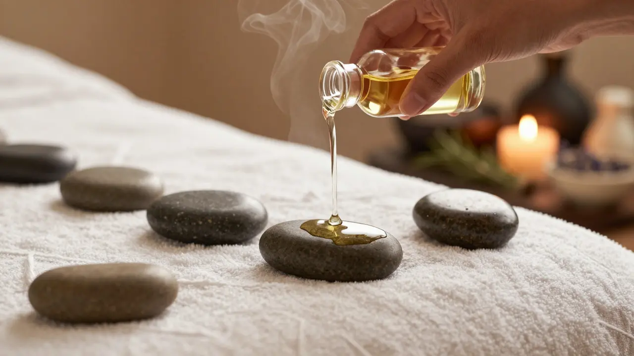 Hands pouring golden oil onto heated stones on a white towel in a spa setting