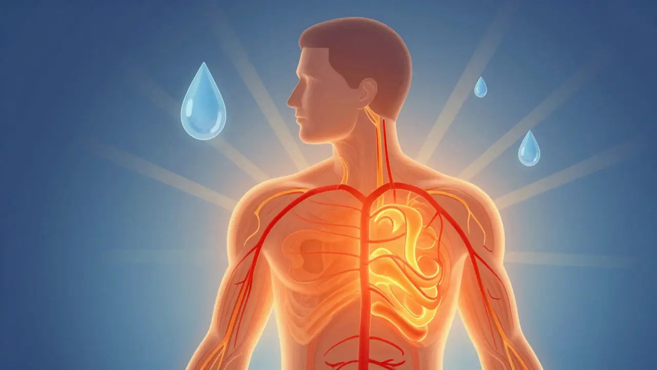 Illustration showing blood vessel expansion and heat circulation within a body