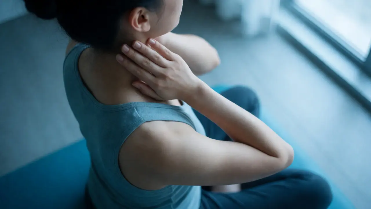 Individual performing neck drainage massage with flat palms stroking down the neck.