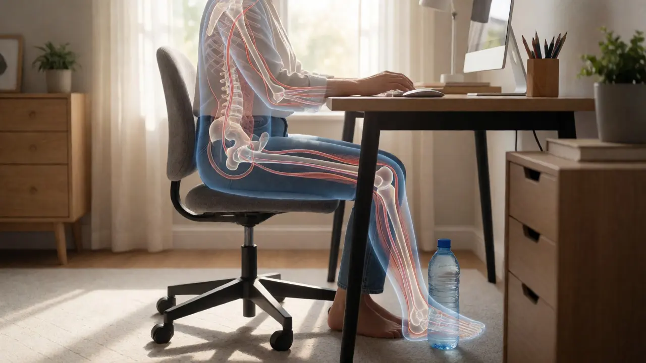 Office worker rolling their foot on a frozen bottle under a desk to relieve plantar fasciitis.