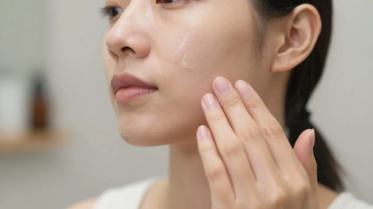 Person gently applying skincare serum to their face for self-massage preparation.