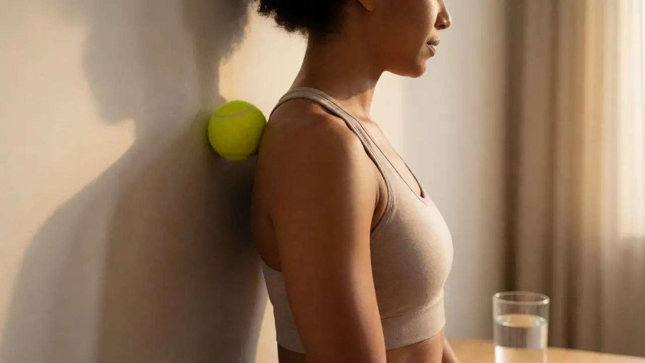 Person leaning into a tennis ball against a wall to release upper trap tension during self-therapy.
