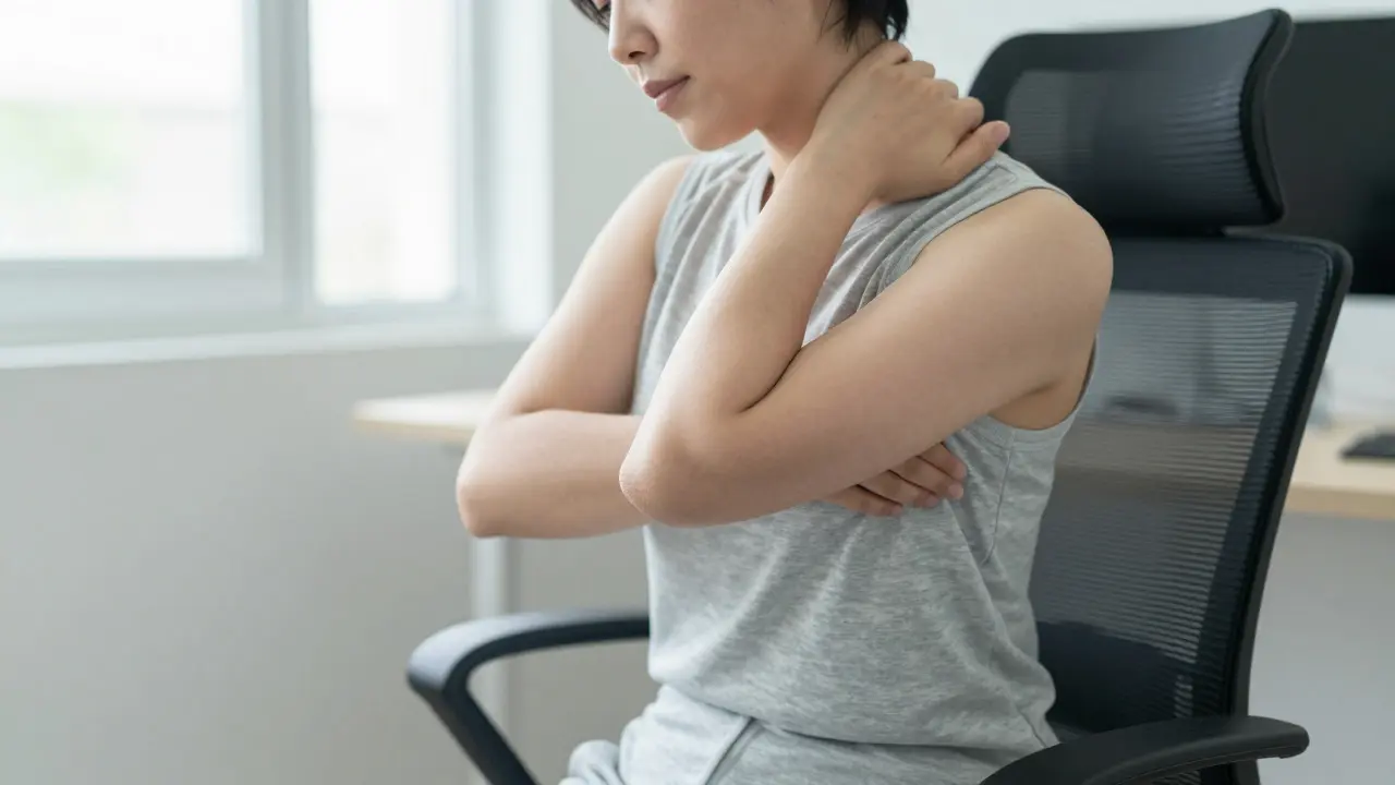 Person performing a self-massage on their upper back while sitting in an office chair