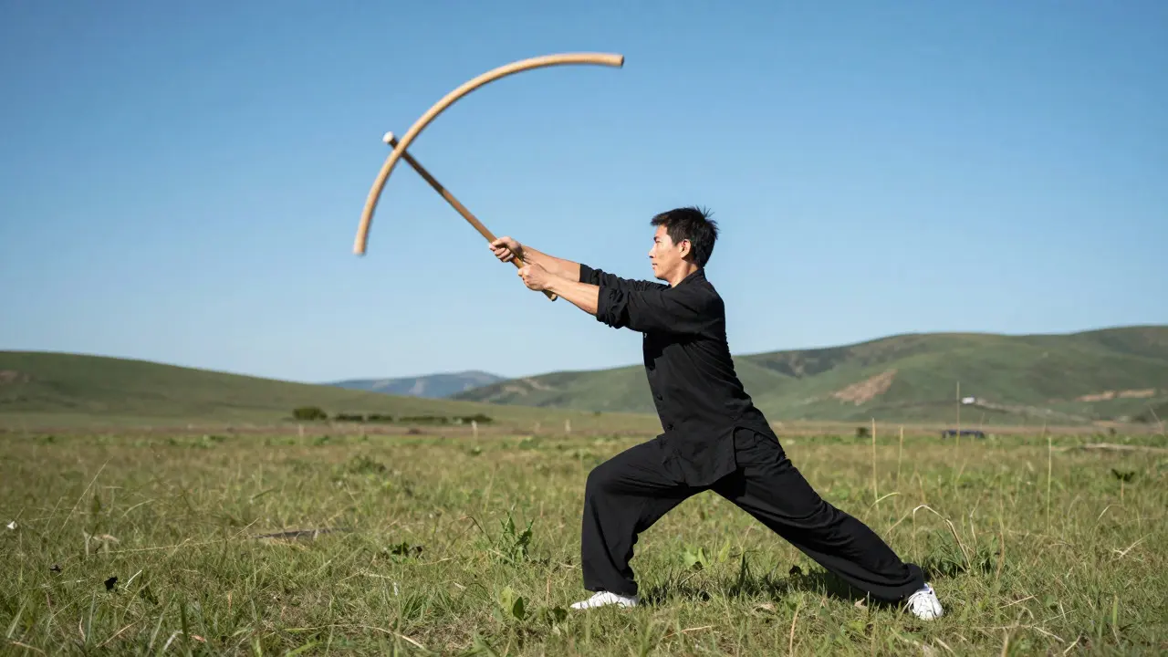 Person spinning a rungu in an open grassy field
