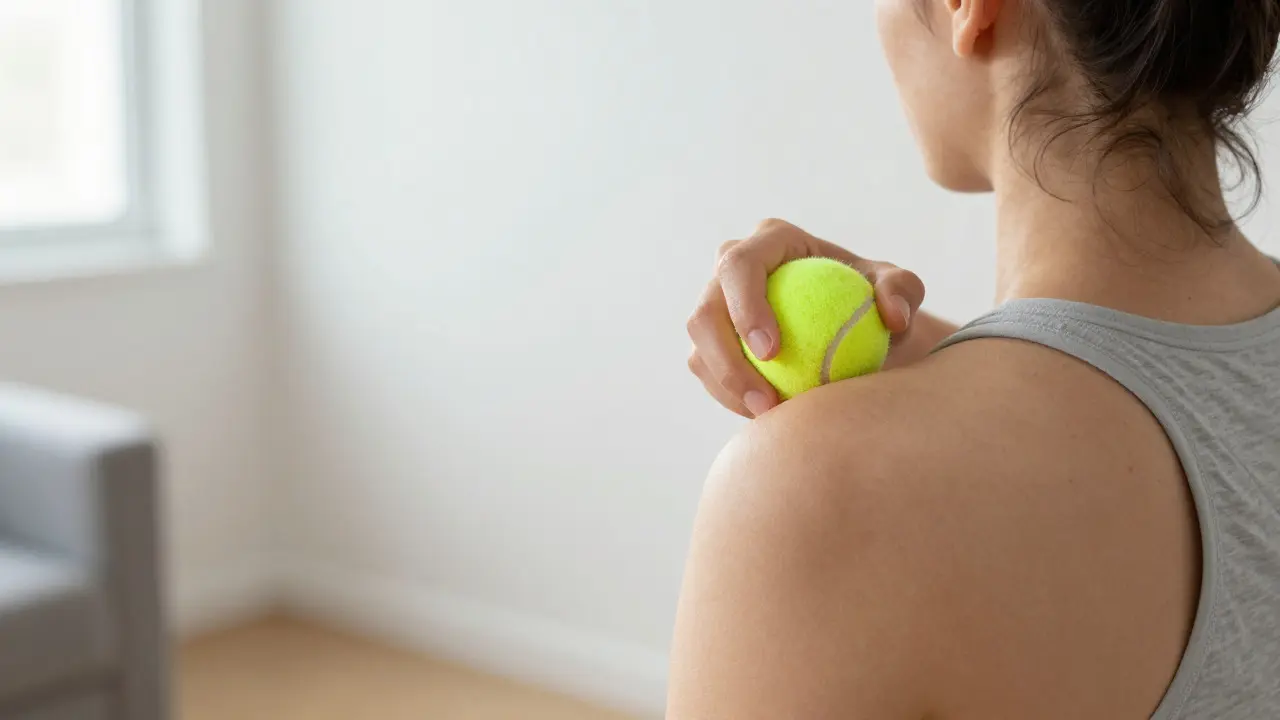 Person using a tennis ball against a wall for self-massage on shoulder