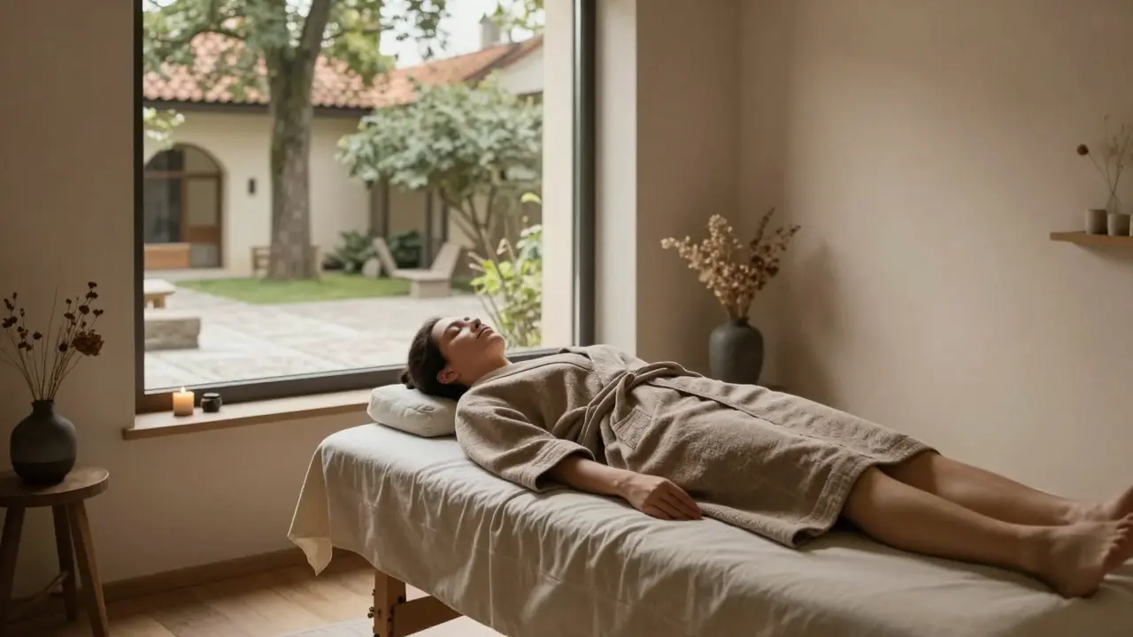 Relaxed person in a robe inside a serene, sunlit private massage suite