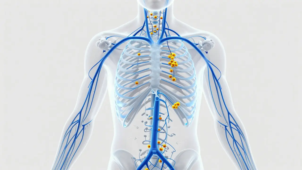 Stylized abstract illustration of the human lymphatic system showing fluid flow.