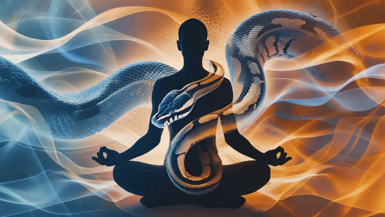Abstract conceptual image showing a person in meditation surrounded by snake-like flow shapes.