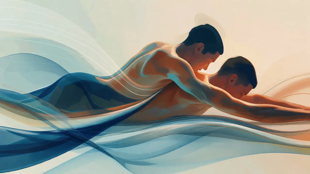 Abstract illustration of two figures gliding smoothly against each other during a body-to-body massage.