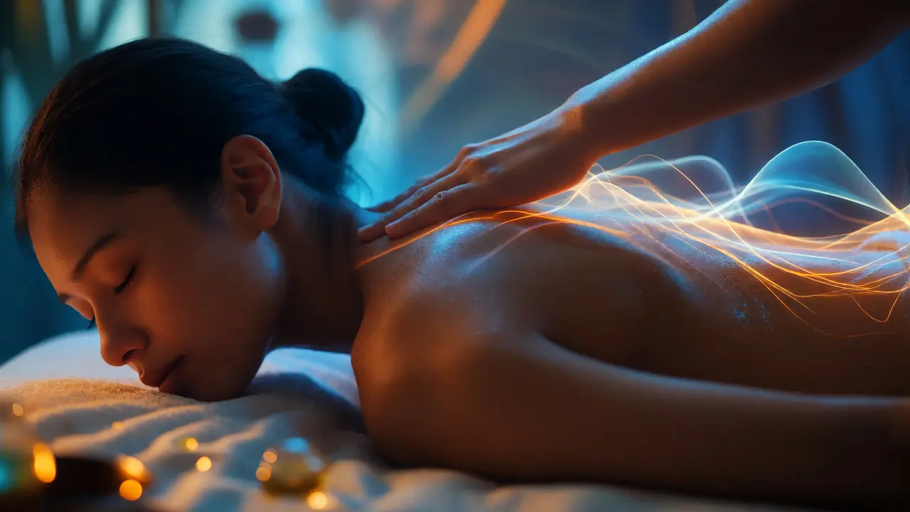 Close-up of relaxed person receiving massage with visualized energy waves representing nervous system calm
