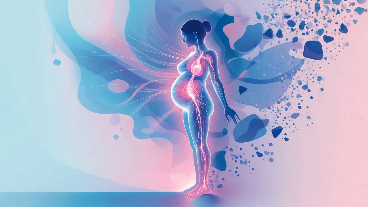 Conceptual art showing improved circulation and reduced stress in a pregnant body.