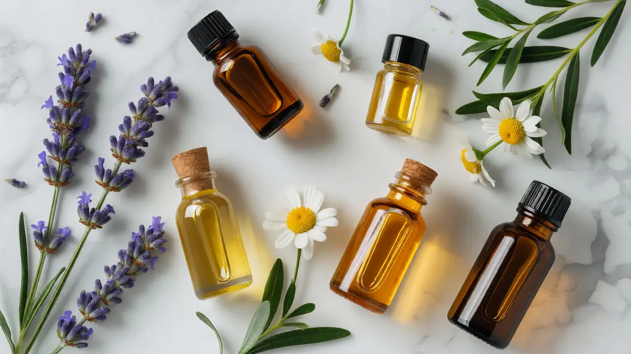 Flat lay of carrier oils and botanicals on a marble surface