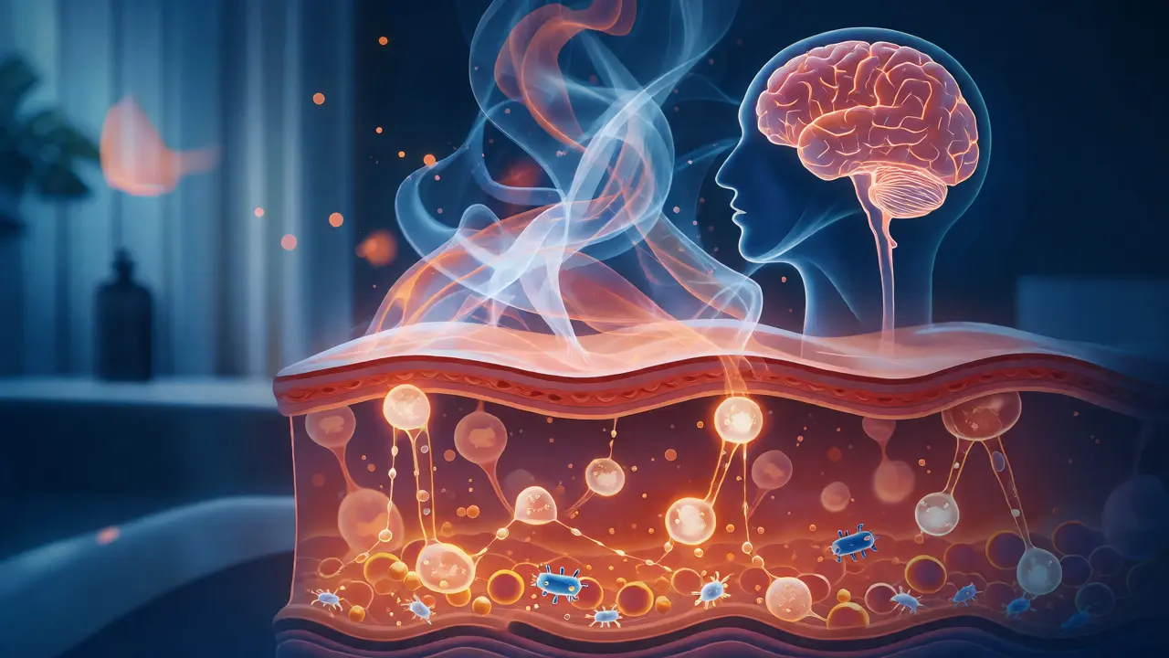 Illustration of essential oils penetrating skin and affecting the brain
