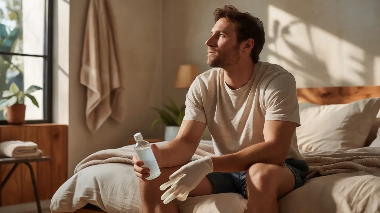 Man preparing for self-care with lubricant and gloves in a calm bathroom.