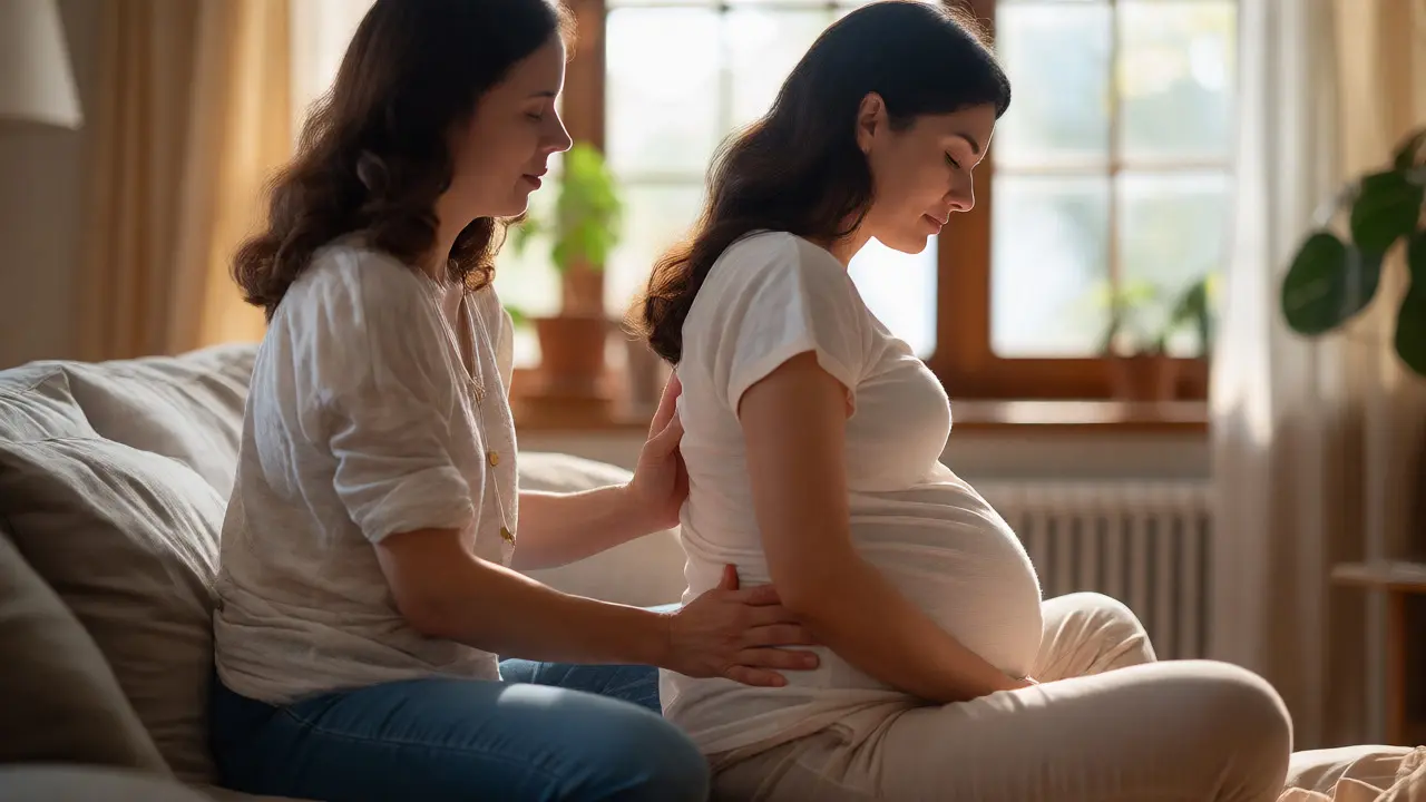 Partner giving a gentle lower back massage to a relaxed pregnant woman at home.