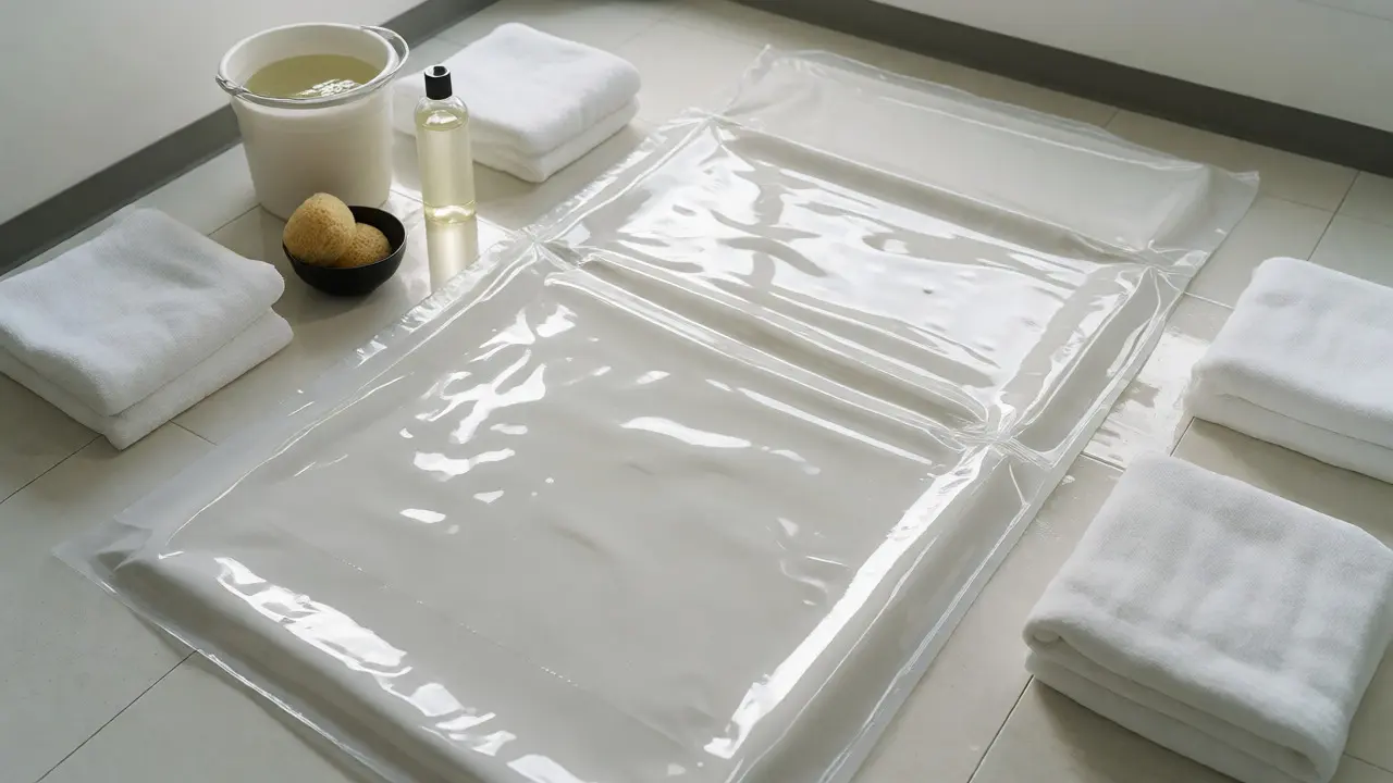 Prepared massage area with waterproof mat, towels, warm water, and seaweed gel bottle.