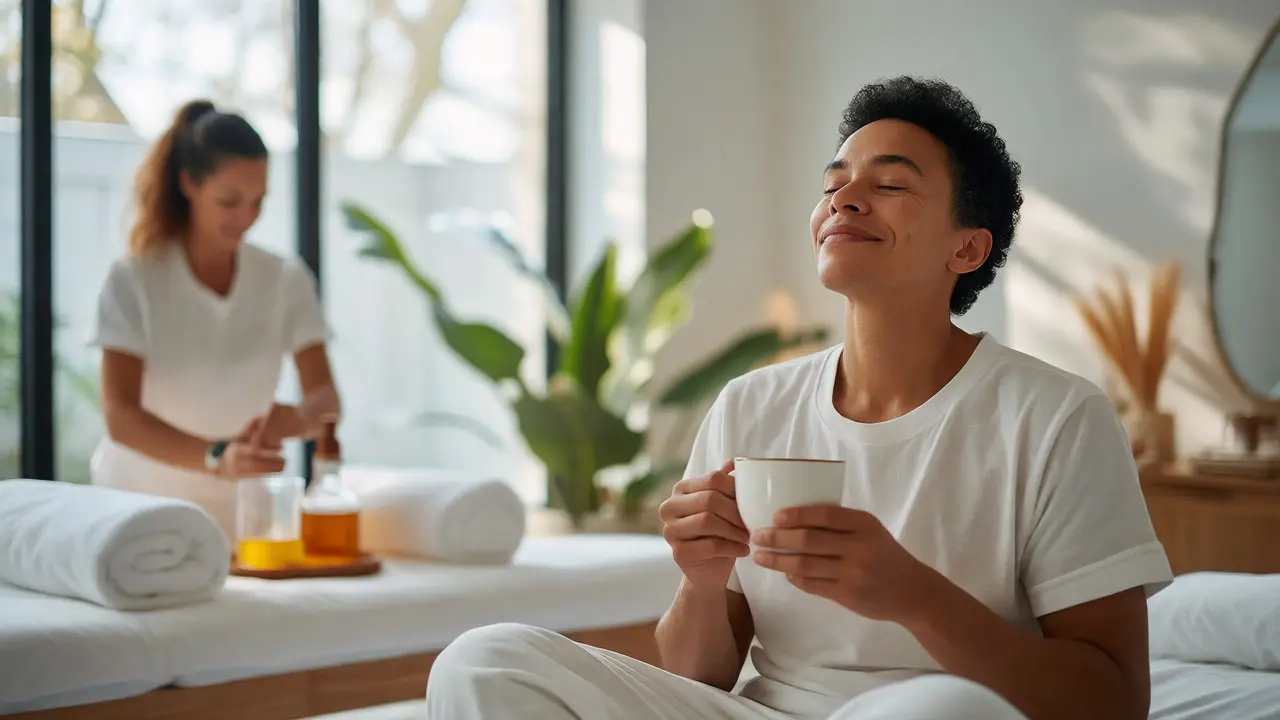 Refreshed individual in a modern spa holding tea after a Kahuna massage session